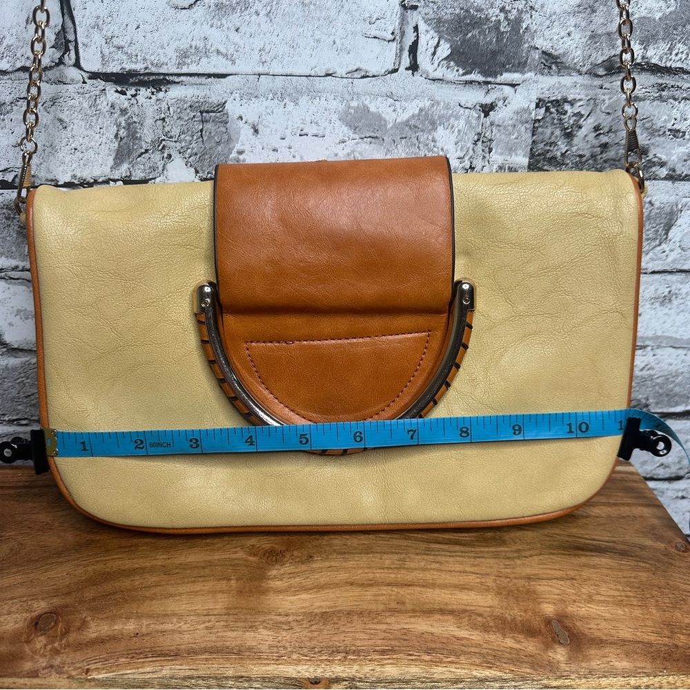 EUC Elegant Tan and Brown Women's Handbag with Gold Shoulder Chain Attachment - Picture 11 of 16